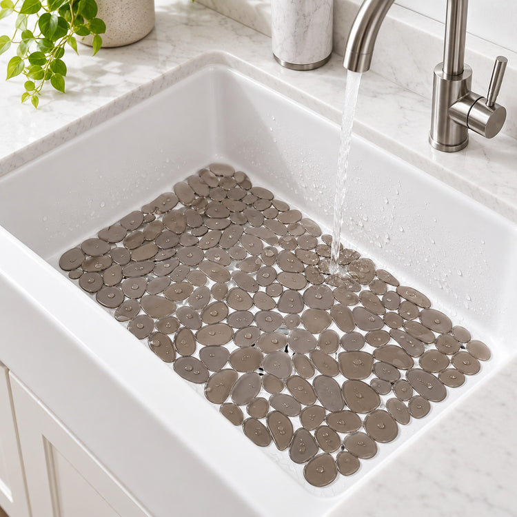 A white farmhouse-style kitchen sink with a waterfall faucet, filled with a protective mat of round gray pebble tiles. Water is running into the sink, and a marble countertop and a small green plant are visible in the background.