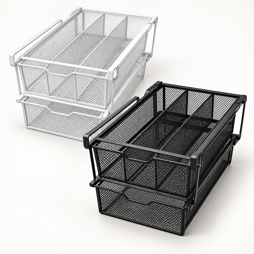 Two metal mesh under-shelf organizer baskets with pull handles, shown in silver and black on a clean white background.