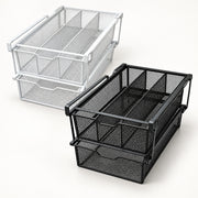 Two metal mesh under-shelf organizer baskets with pull handles, shown in silver and black on a clean white background.