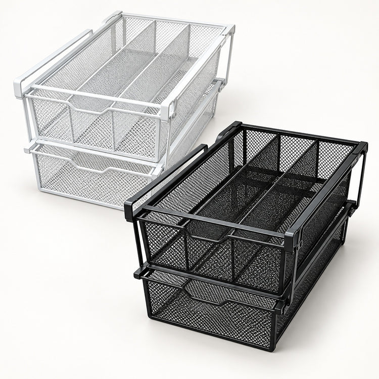 Two metal mesh under-shelf organizer baskets with pull handles, shown in silver and black on a clean white background.