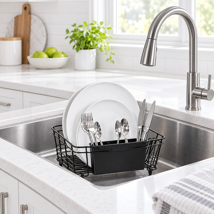 A black wire dish rack with a black storage bin holding white plates and silver cutlery, placed in a stainless steel kitchen sink with a modern faucet. The sink is set in a bright, clean kitchen with white cabinets, a tiled backsplash, and a window in the background.