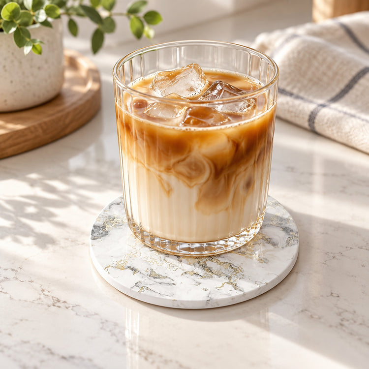 A clear ribbed glass tumbler filled with iced coffee and ice, resting on a round white marble coaster with subtle gold veining, set on a light marble tabletop with a plant and cloth in the background.