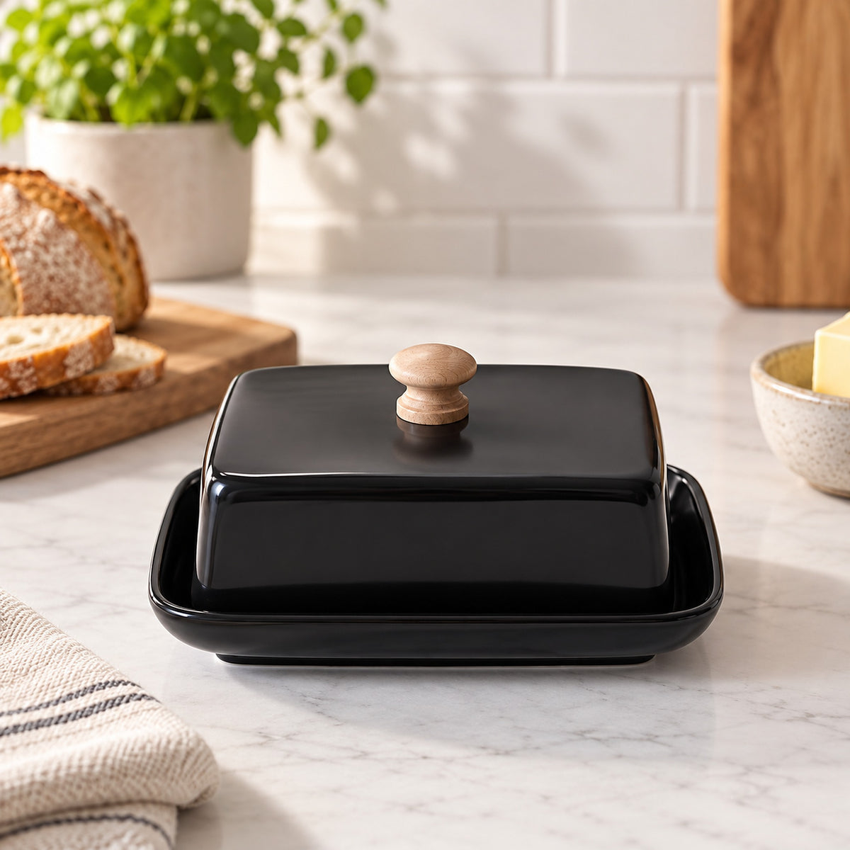 A glossy black ceramic butter dish with a rectangular base and lid, featuring a light natural wood knob, set on a white marble countertop with a blurred kitchen background.