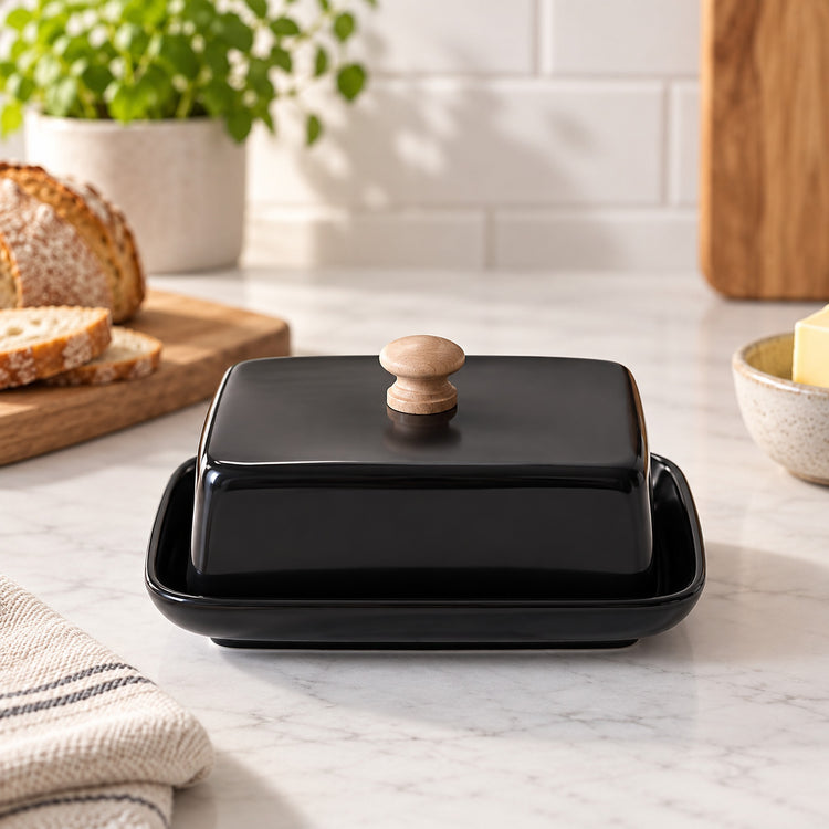 A glossy black ceramic butter dish with a rectangular base and lid, featuring a light natural wood knob, set on a white marble countertop with a blurred kitchen background.