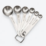 Six stainless-steel measuring spoons from 0.6 to 15 ml, with one connecting ring.