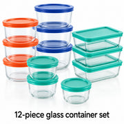 A 12-piece glass container set with colorful lids, including orange, blue, and teal lids on clear glass storage containers, shown on a white background with the text '12-piece glass container set' at the bottom.
