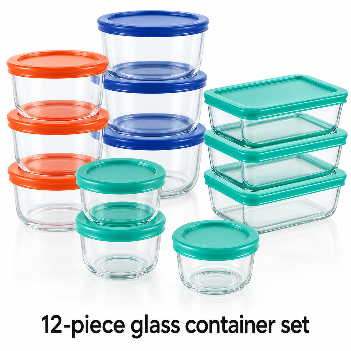 A 12-piece glass container set with colorful lids, including orange, blue, and teal lids on clear glass storage containers, shown on a white background with the text '12-piece glass container set' at the bottom.