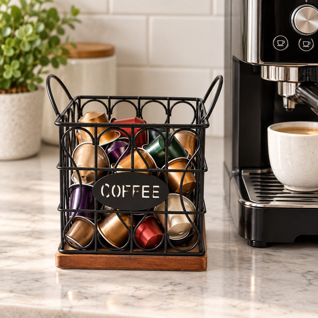 A black wire coffee capsule basket with a wooden base and a small black sign reading 'COFFEE' in white letters, filled with colorful coffee pods, set on a marble countertop next to a coffee machine.