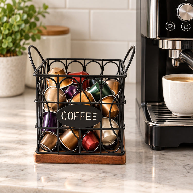 A black wire coffee capsule basket with a wooden base and a small black sign reading 'COFFEE' in white letters, filled with colorful coffee pods, set on a marble countertop next to a coffee machine.