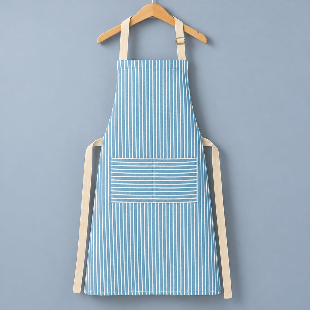 One complete blue striped bib apron with beige neck and waist ties.
