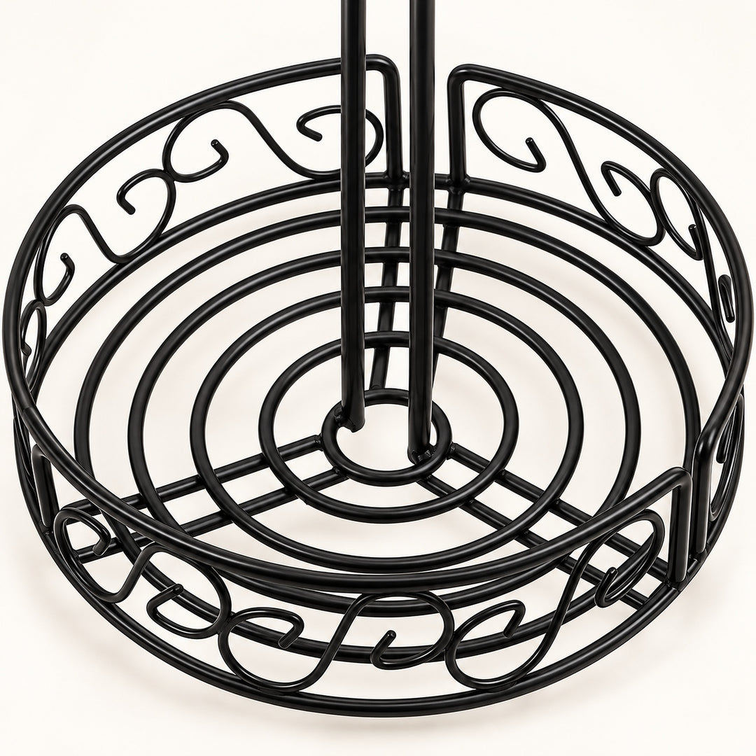 A black metal spiral wire stand with decorative scrollwork on the outer rim and two vertical support rods, shown on a plain white background.