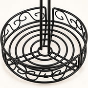 A black metal spiral wire stand with decorative scrollwork on the outer rim and two vertical support rods, shown on a plain white background.