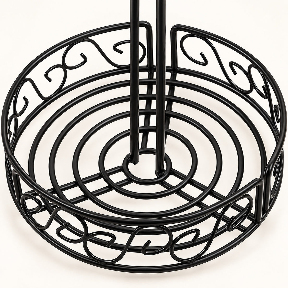 A black metal spiral wire stand with decorative scrollwork on the outer rim and two vertical support rods, shown on a plain white background.