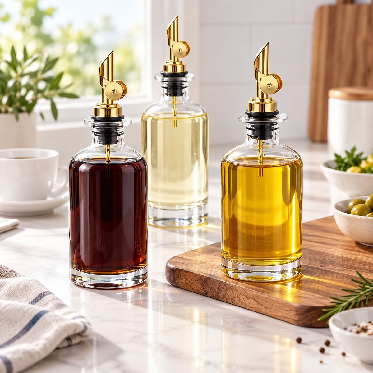 Three clear glass oil bottles with gold-toned pour spouts are arranged on a kitchen counter. One bottle contains a dark reddish-brown liquid, one contains a pale yellow liquid, and one contains golden olive oil.