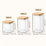 Three clear glass storage jars with bamboo lids shown in different sizes with printed capacity labels (800 ml, 1200 ml, 1600 ml) and dimension arrows on a light beige background.