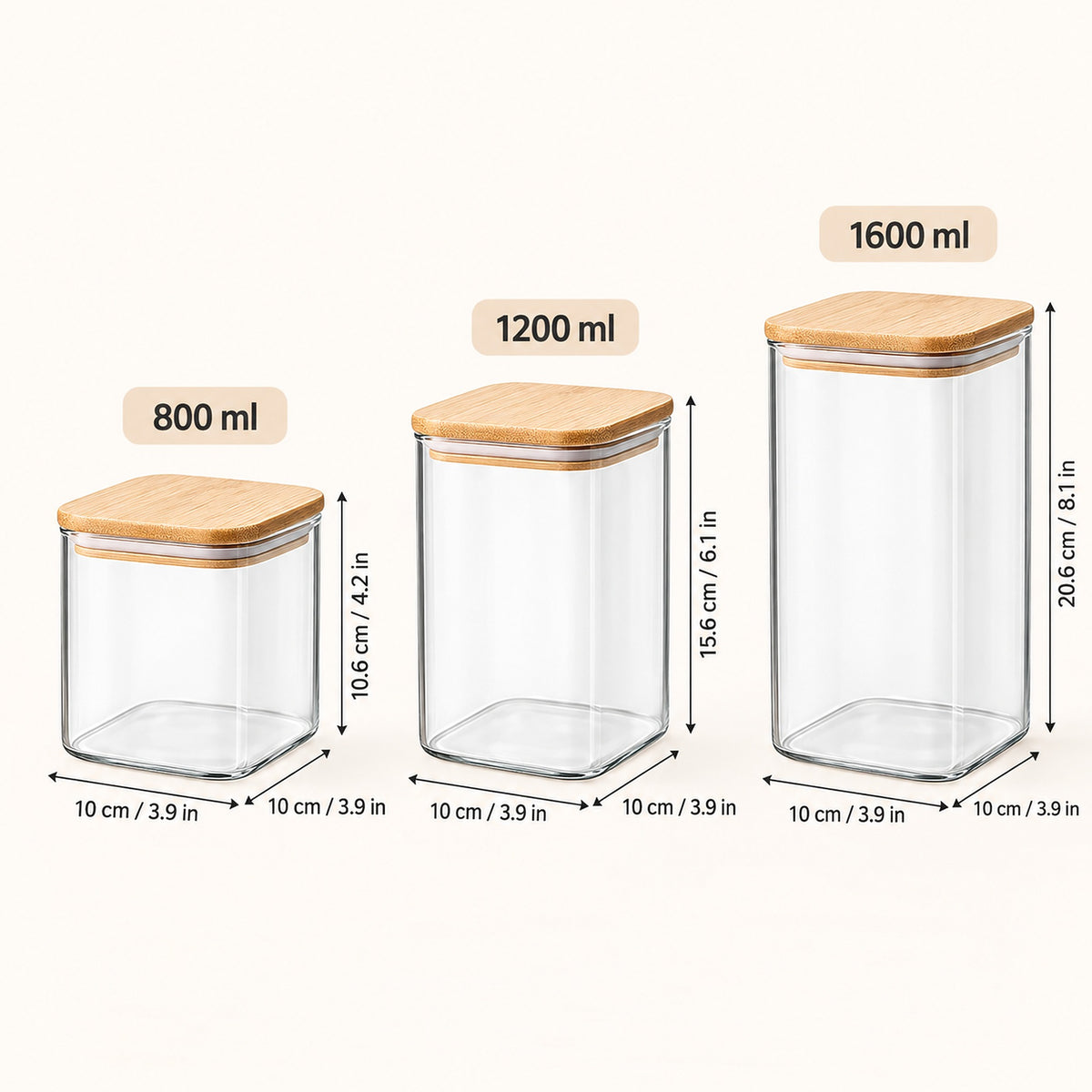 Three clear glass storage jars with bamboo lids shown in different sizes with printed capacity labels (800 ml, 1200 ml, 1600 ml) and dimension arrows on a light beige background.