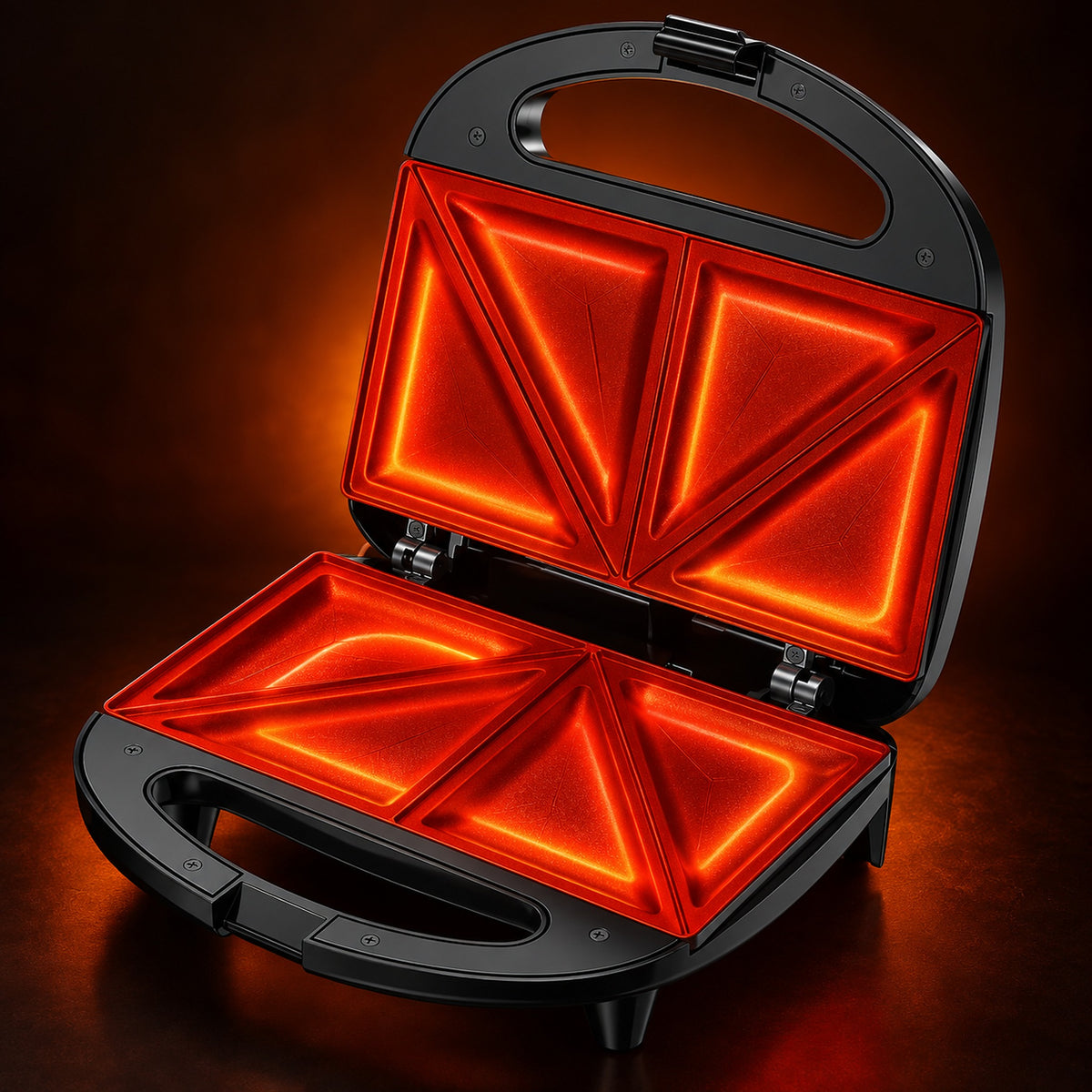 Open black sandwich maker with glowing orange-red heated plates, shown on a dark brown background.