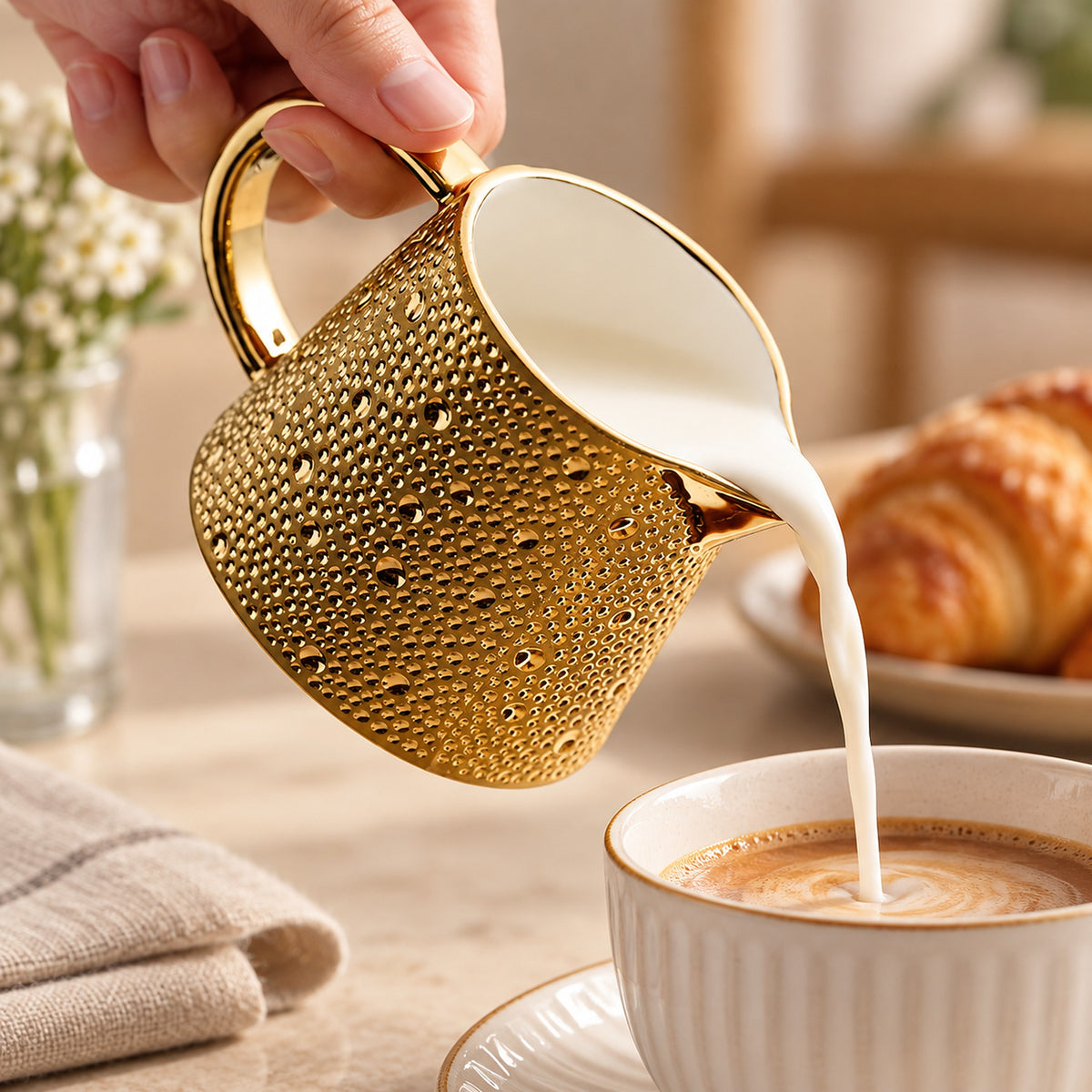 A hand holds a textured gold milk pitcher with a white interior, pouring milk into a cup of coffee. A croissant is blurred in the background on a table with a folded cloth.