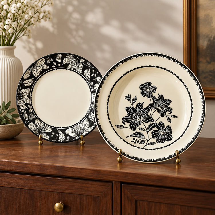 Traditional Ceramic Plate, Black And White Tray, Vintage Floral Deep Fish Tray, Lily Lace Rim Rice Bowl, Soup Spoon,Tableware product image 3