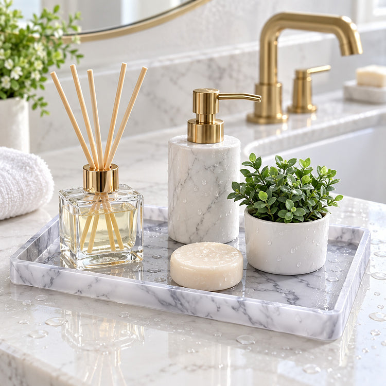 A marble bathroom accessory set arranged on a tray on a marble countertop, including a reed diffuser, a marble soap dispenser with a gold pump, a small potted green plant, a round soap bar, and a folded white towel.