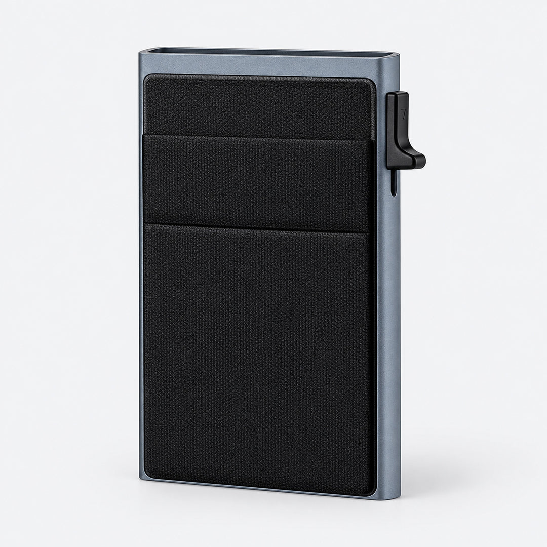 One empty gray and black slim card holder wallet; cards not included.