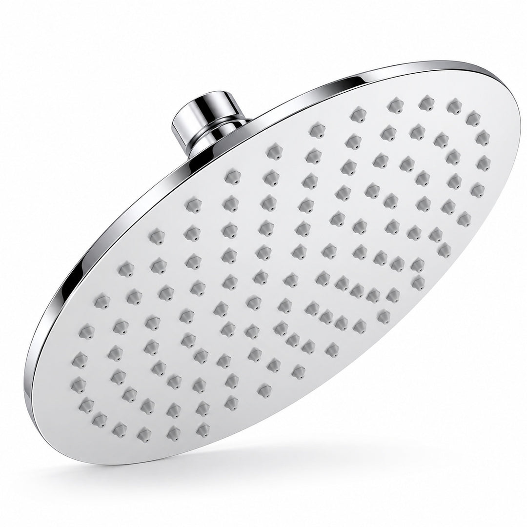 A round, high-pressure rain shower head with a polished chrome finish, shown at an angle on a clean white background.