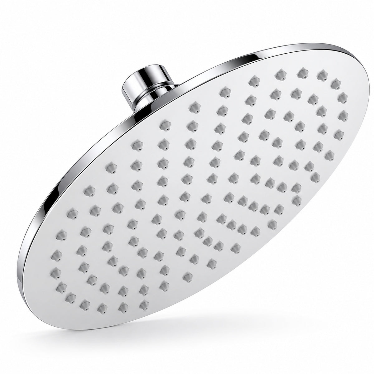 A round, high-pressure rain shower head with a polished chrome finish, shown at an angle on a clean white background.