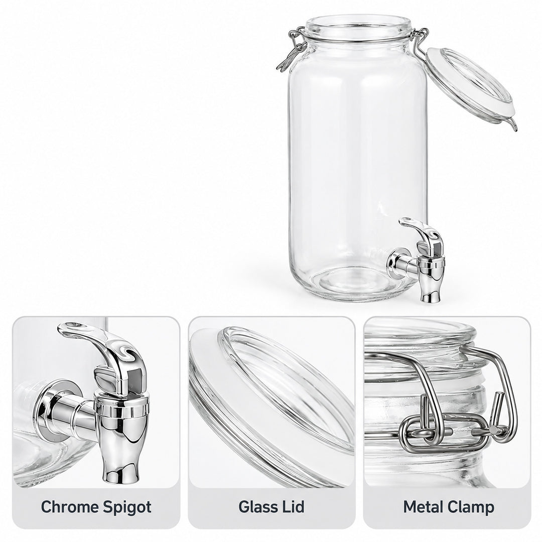 Clear glass beverage dispenser with a chrome spigot, metal clamp lid, and open glass lid, shown on a white background with three detail inset panels labeled Chrome Spigot, Glass Lid, and Metal Clamp.