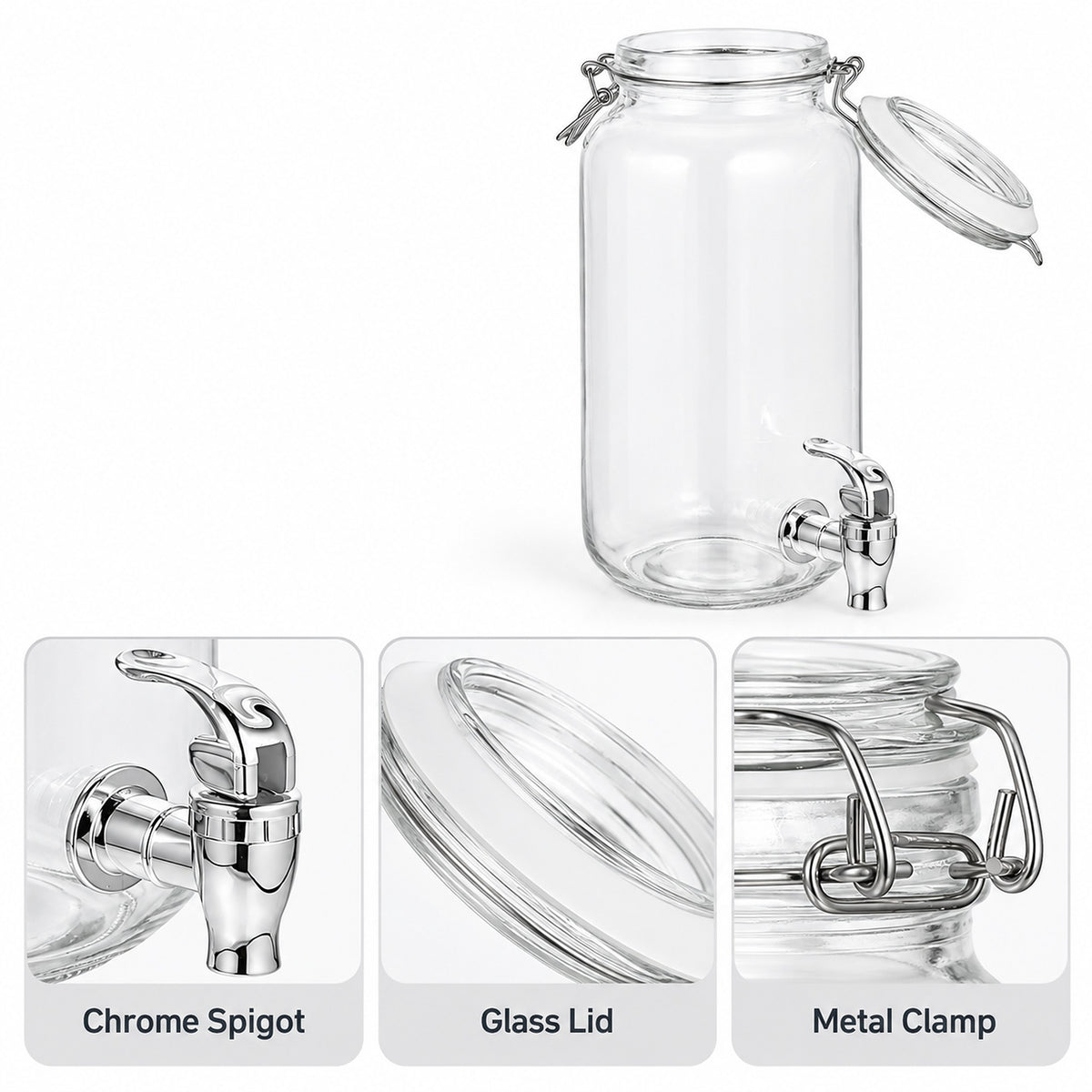 Clear glass beverage dispenser with a chrome spigot, metal clamp lid, and open glass lid, shown on a white background with three detail inset panels labeled Chrome Spigot, Glass Lid, and Metal Clamp.