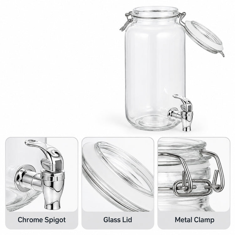 Clear glass beverage dispenser with a chrome spigot, metal clamp lid, and open glass lid, shown on a white background with three detail inset panels labeled Chrome Spigot, Glass Lid, and Metal Clamp.