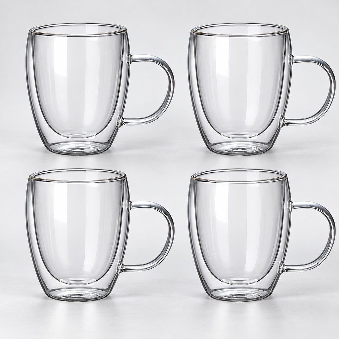 Four empty matching 350 ml double-wall glass mugs with handles; set-of-four option.