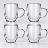 Four empty matching 350 ml double-wall glass mugs with handles; set-of-four option.