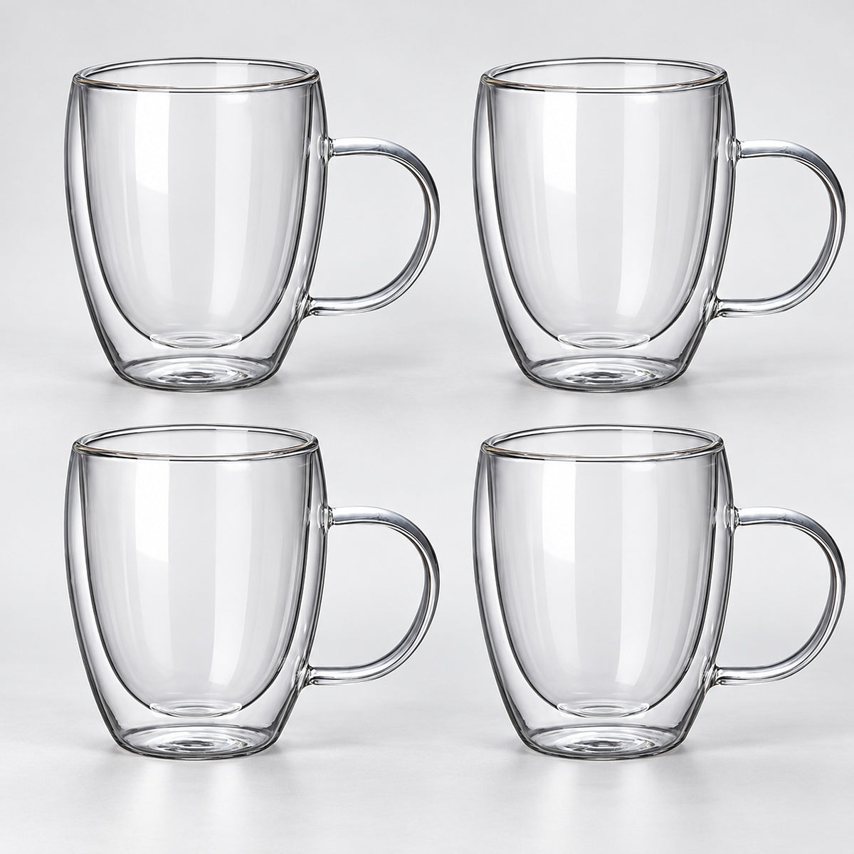 Four empty matching 350 ml double-wall glass mugs with handles; set-of-four option.