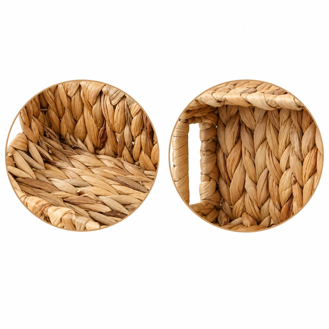 Two circular close-up views of a woven natural fiber basket interior on a white background, showing the braided texture and construction.