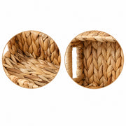 Two circular close-up views of a woven natural fiber basket interior on a white background, showing the braided texture and construction.