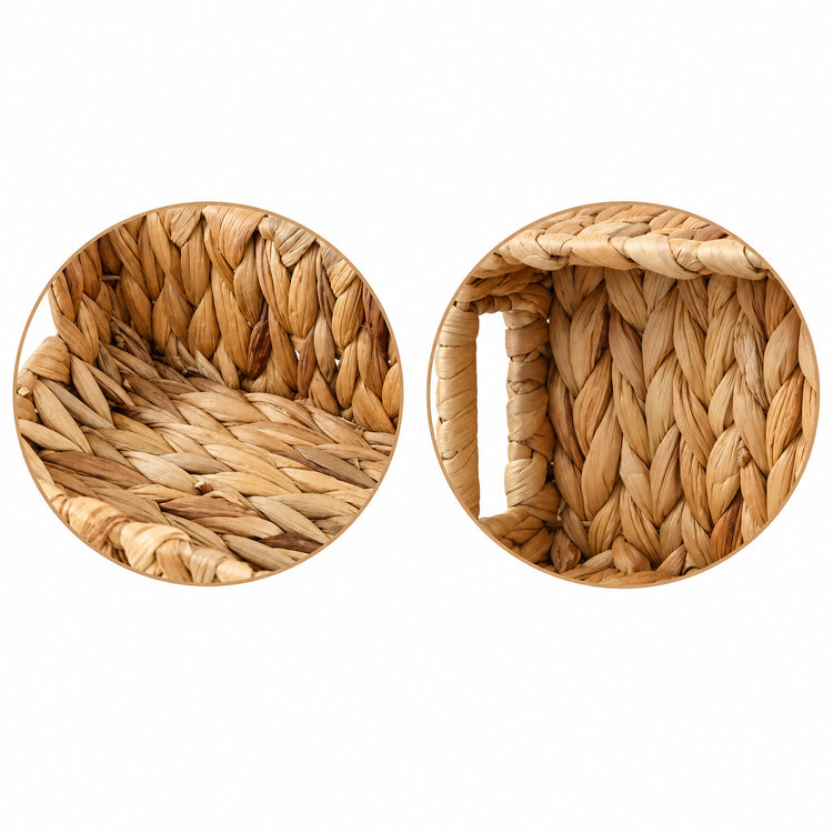 Two circular close-up views of a woven natural fiber basket interior on a white background, showing the braided texture and construction.