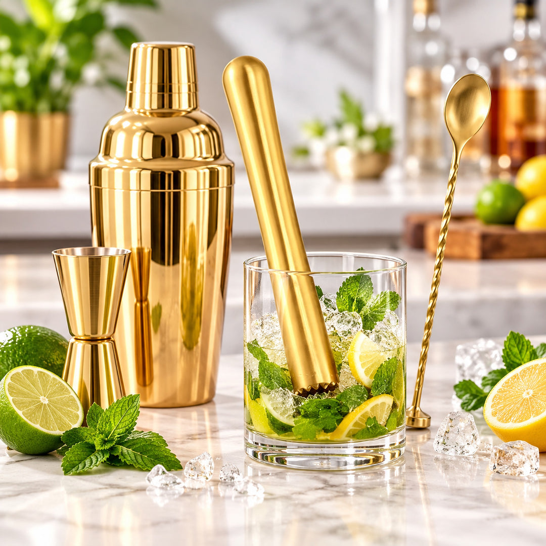 Cocktail muddler and bar spoon preparing fresh mint drink ingredients
