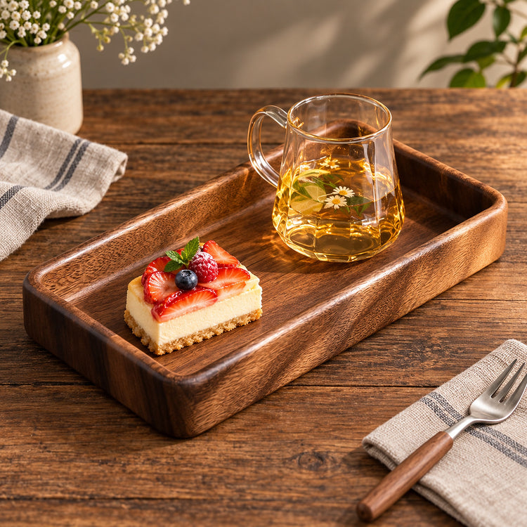 A dark brown wooden serving tray on a rustic wooden table, holding a slice of strawberry and blueberry cheesecake and a clear glass teacup with tea. A striped napkin, a fork, and a vase of small white flowers are arranged around it.