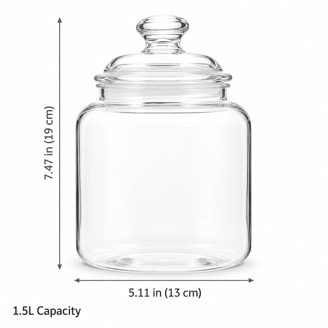 Clear glass jar with lid shown on a white background with dimension arrows and text indicating 7.47 in height, 5.