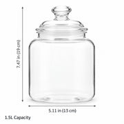 Clear glass jar with lid shown on a white background with dimension arrows and text indicating 7.47 in height, 5.