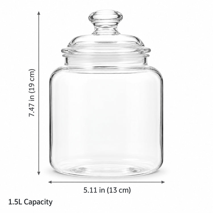 Clear glass jar with lid shown on a white background with dimension arrows and text indicating 7.47 in height, 5.