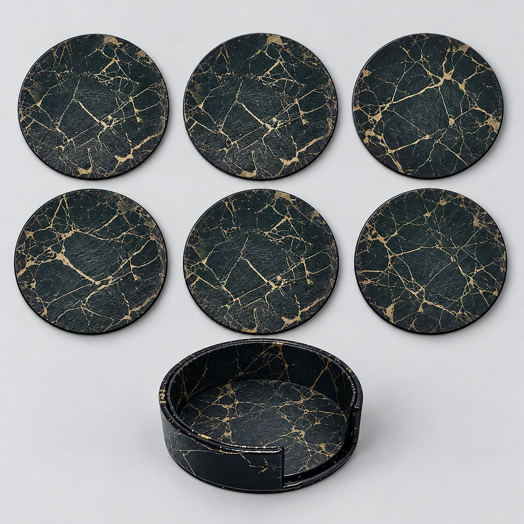 Six black and gold 10 cm coasters with one matching storage holder.