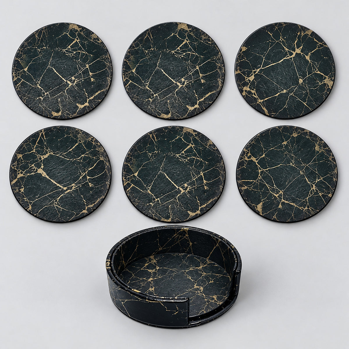 Six black and gold 10 cm coasters with one matching storage holder.