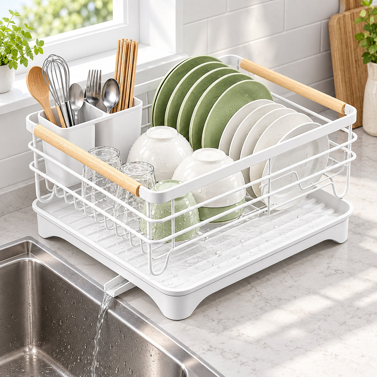 A white plastic and metal dish rack with light wood handles, shown holding green and white plates, bowls, and utensils in a bright kitchen setting above a sink.