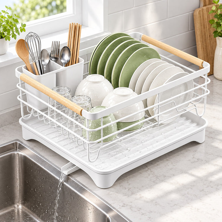 A white plastic and metal dish rack with light wood handles, shown holding green and white plates, bowls, and utensils in a bright kitchen setting above a sink.
