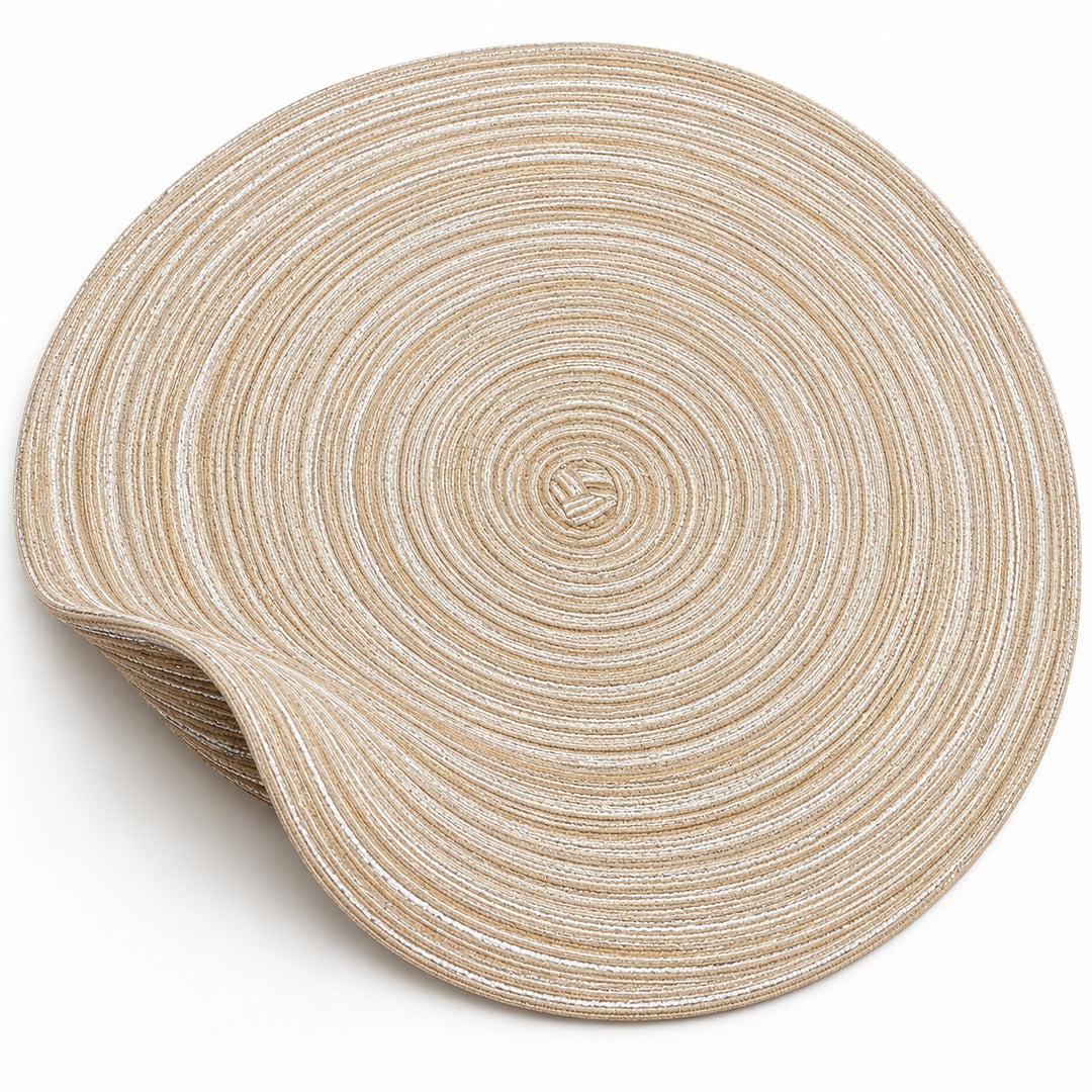 Flexible beige braided mat edge and spiral weave.