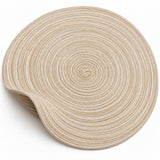 Flexible beige braided mat edge and spiral weave.