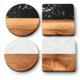 Four half-stone coasters arranged in a 2x2 grid on a white background. The top two coasters have black marble on the upper half and natural wood on the lower half.