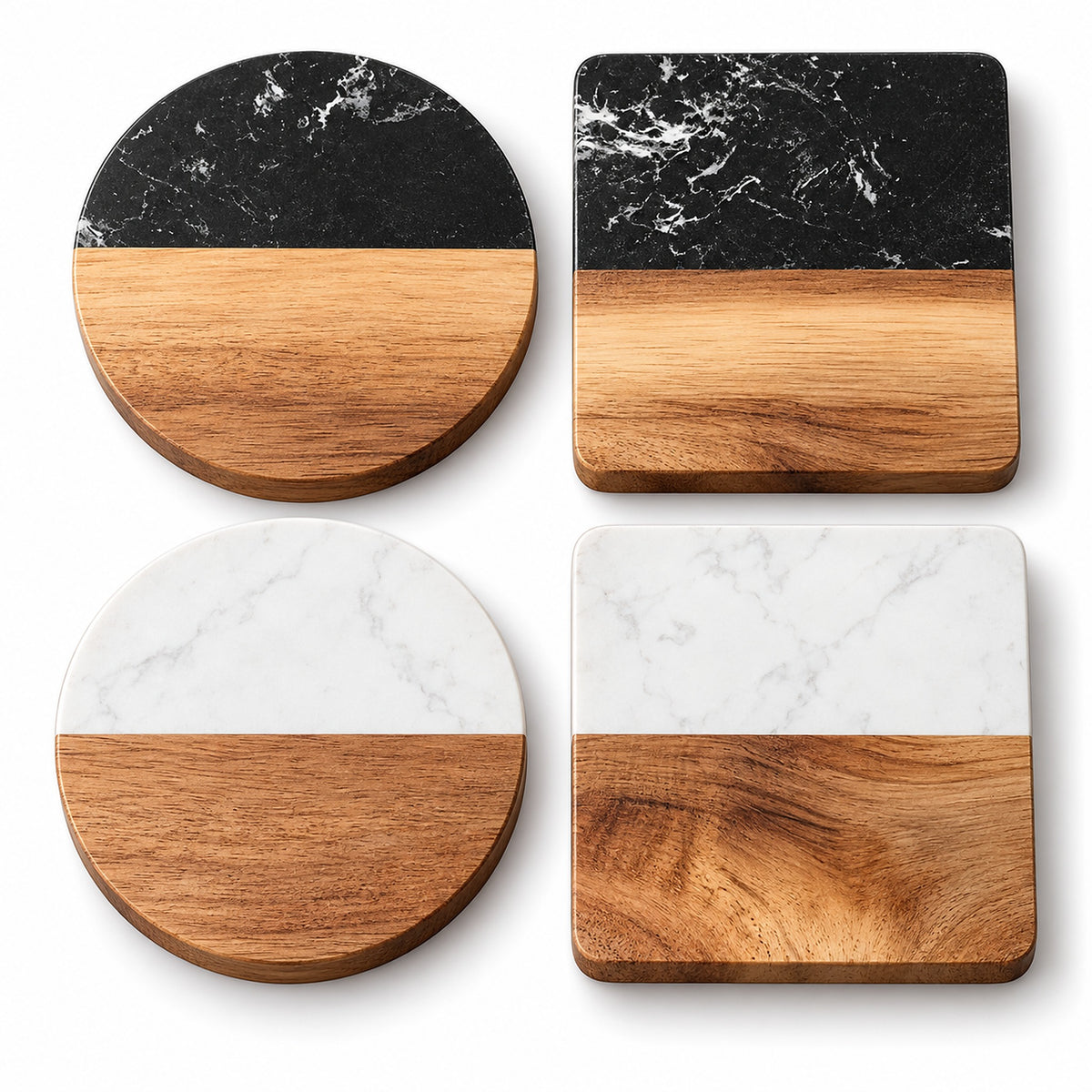 Four half-stone coasters arranged in a 2x2 grid on a white background. The top two coasters have black marble on the upper half and natural wood on the lower half.