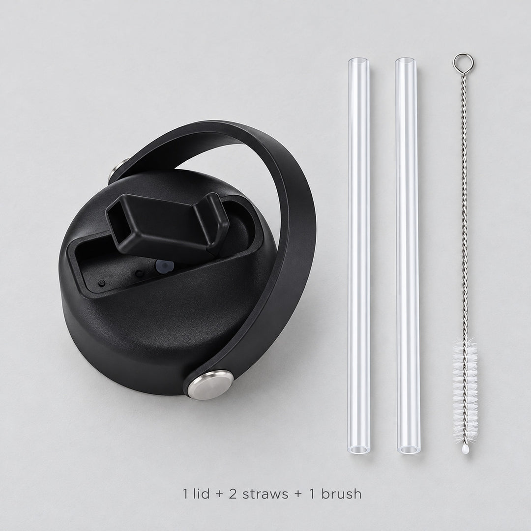 One black replacement lid, two clear straws and one cleaning brush.